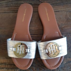 Tommy Hilfiger Gold Silver Slides, Size 6/5.5